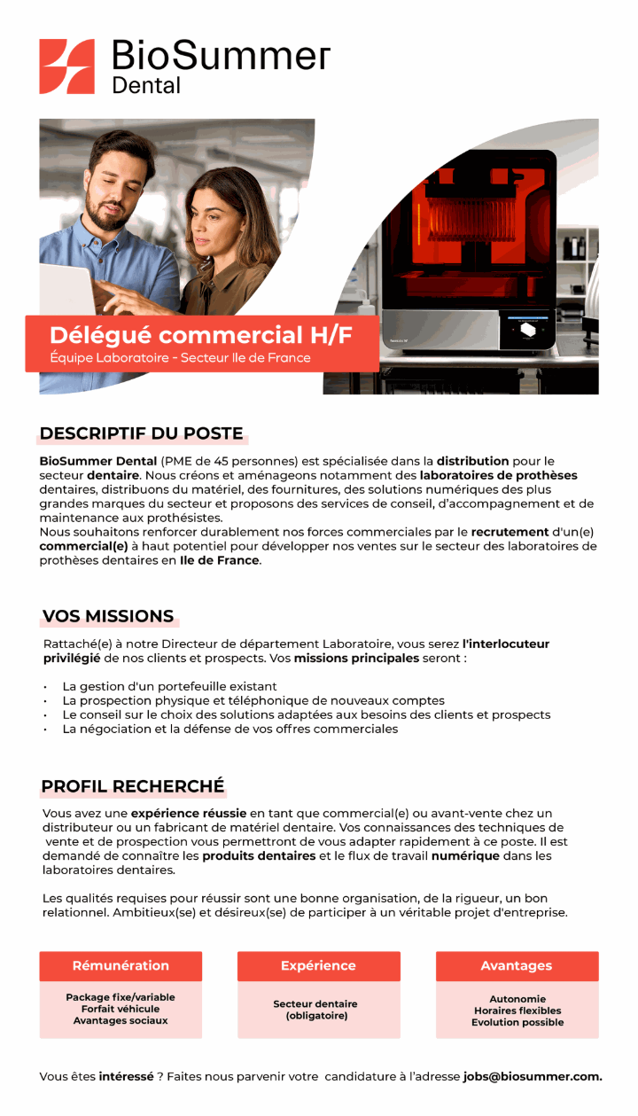 Recrutement d'un délégué commercial pour BioSummer Dental
