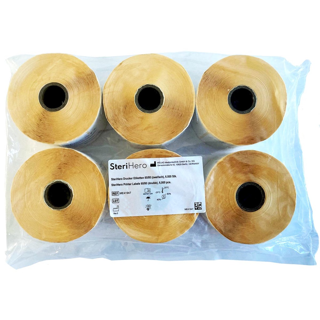 Pack 6 Rouleaux de 1000 étiquettes SteriHero, double encollage Melaprint MP60/80