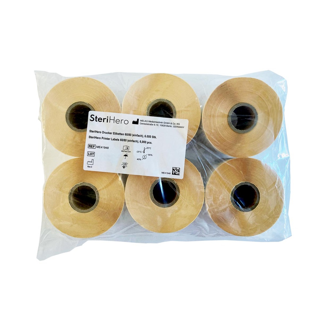 Pack 6 Rouleaux de 1000 étiquettes SteriHero, simple encollage Melaprint MP60/80